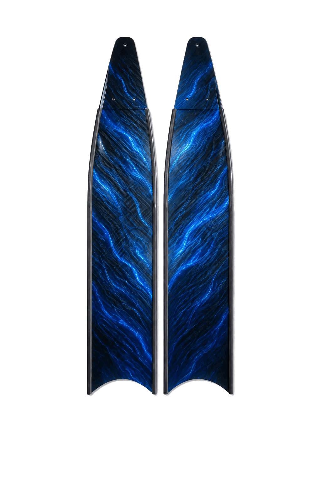 Pair of blue long freediving blades with black side rails